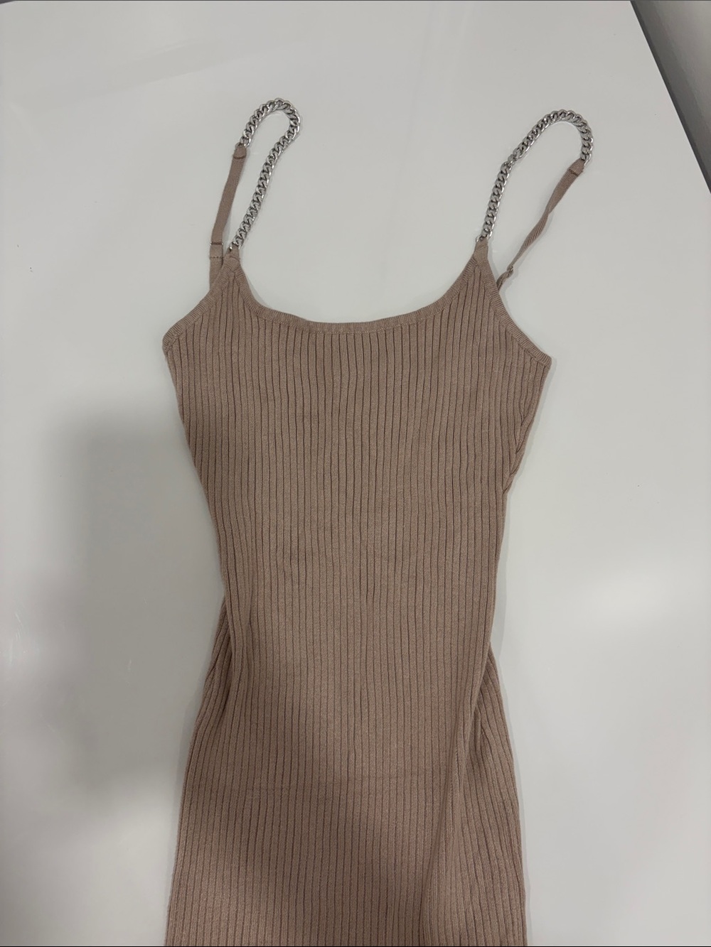 Revamped Ribbed Tank Dress with Silver Chain Straps - Taupe